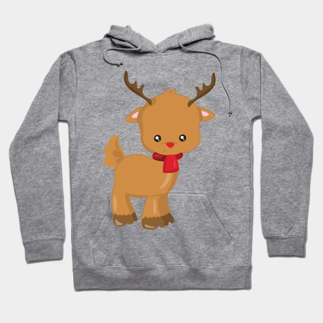 Christmas Reindeer, Red Nose, Scarf, New Year Hoodie by Jelena Dunčević